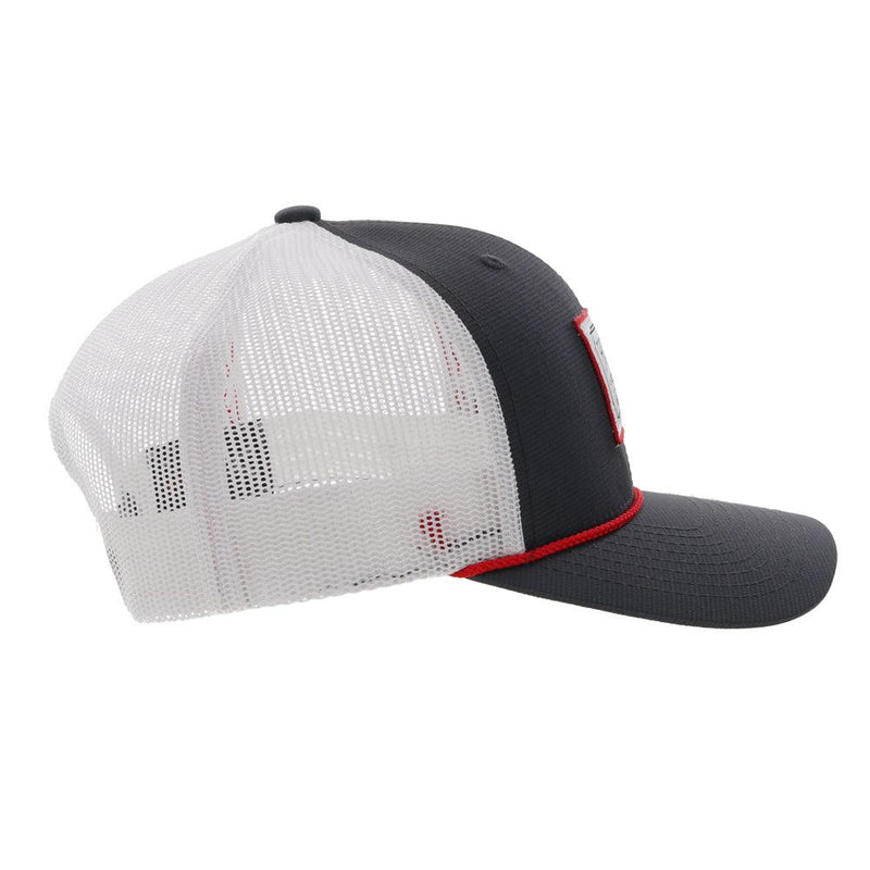 left side of the Doc grey and white trucker hat with red and white patch and red rope detail