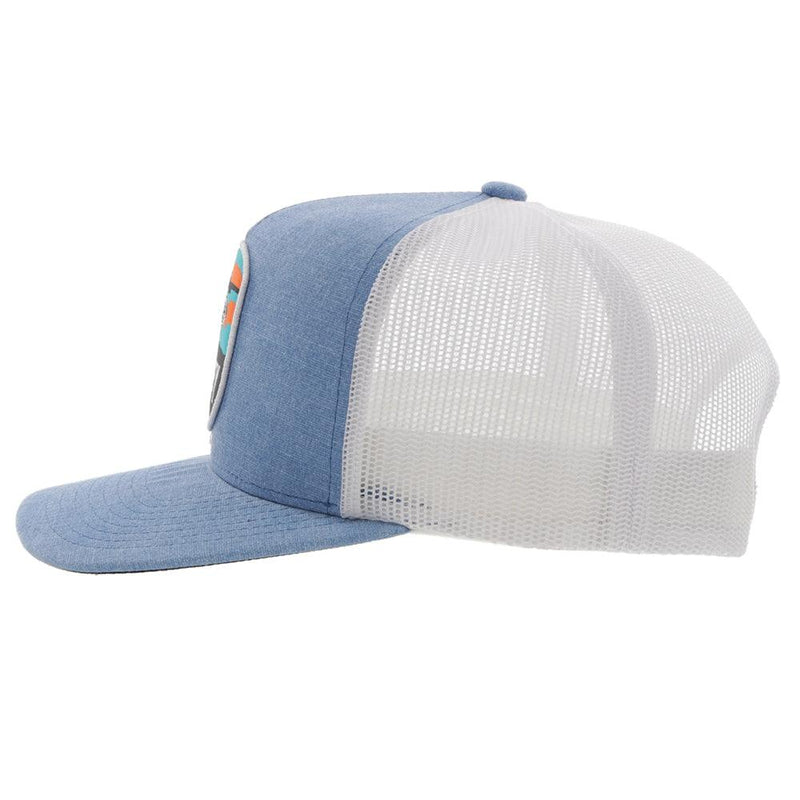 left side of the heather blue and white Cheyenne snapback hat