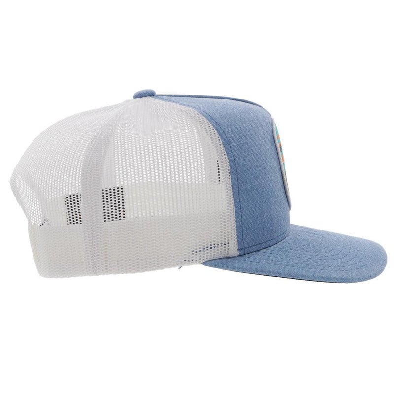 right side of the heather blue and white Cheyenne snapback hat