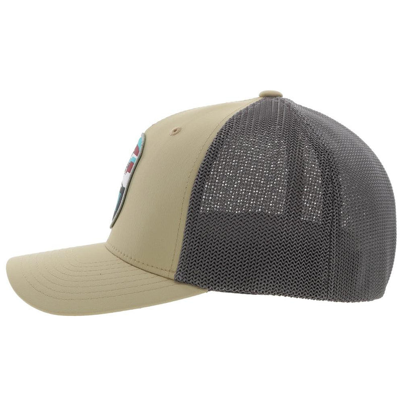 left side of the youth tan and grey flexfit Cheyenne hat