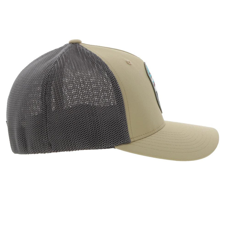 right side of the tan and grey Cheyenne flexfit hat