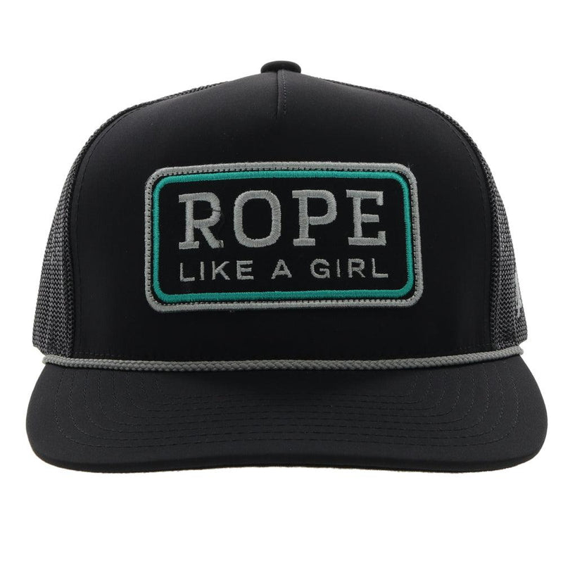 front view of the RLAG black hat with grey and turquoise patch, grey rope details
