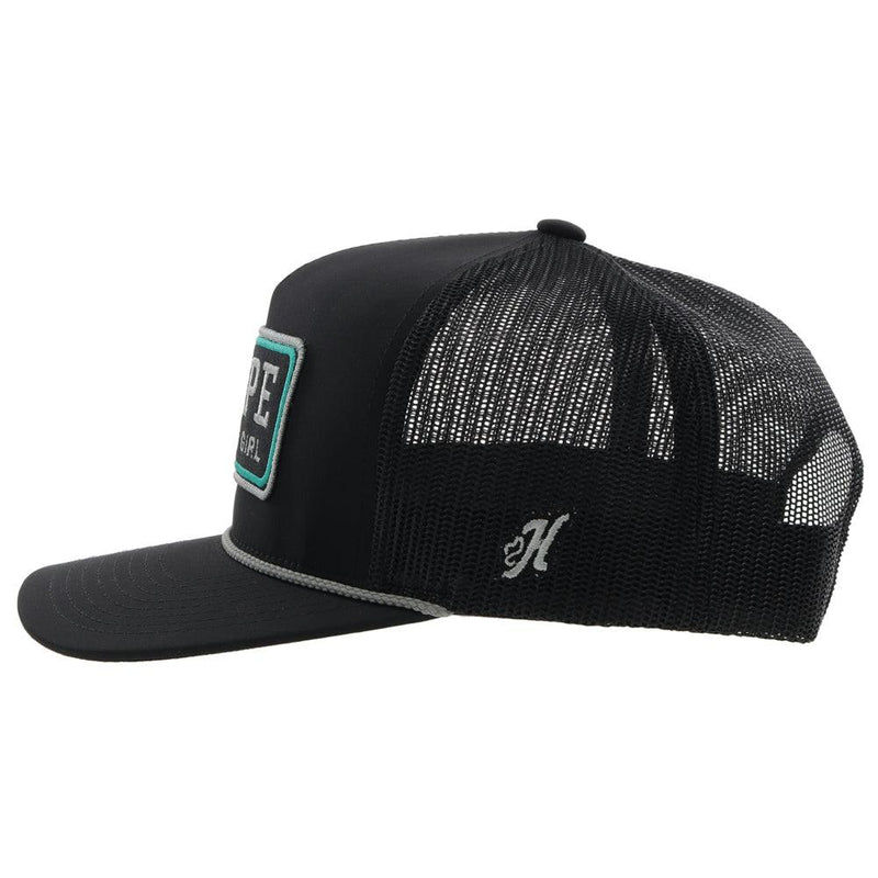 left side view of the black RLAG hat with grey H logo 