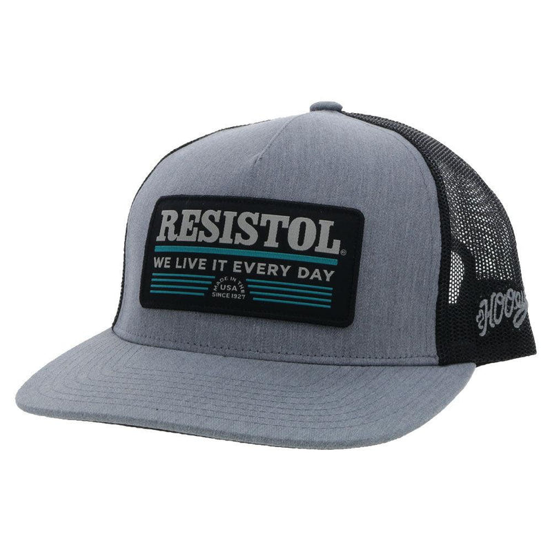 Resistol grey and black hat with black, white, teal patch
