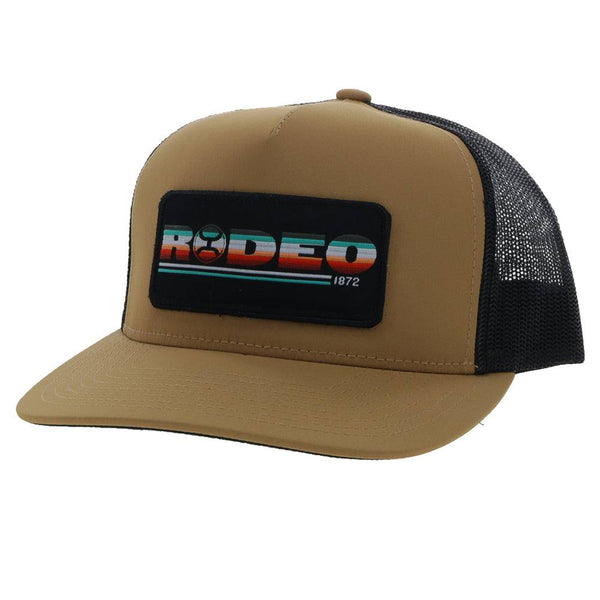 Youth tan and black Rodeo hat with black patch featuring a serape logo