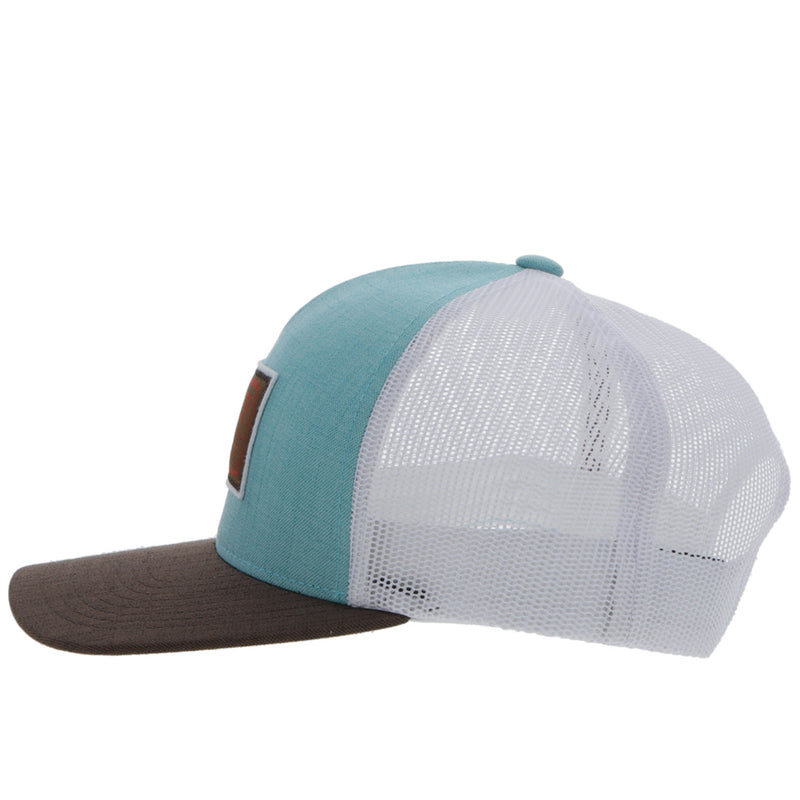 left side of the Doc blue, white, and brown hat with brown and red patch