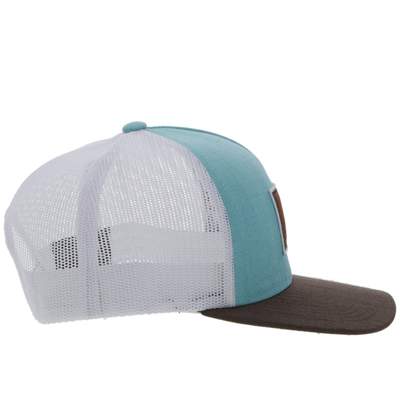 right side of the Doc blue, white, and brown hat with brown and red patch