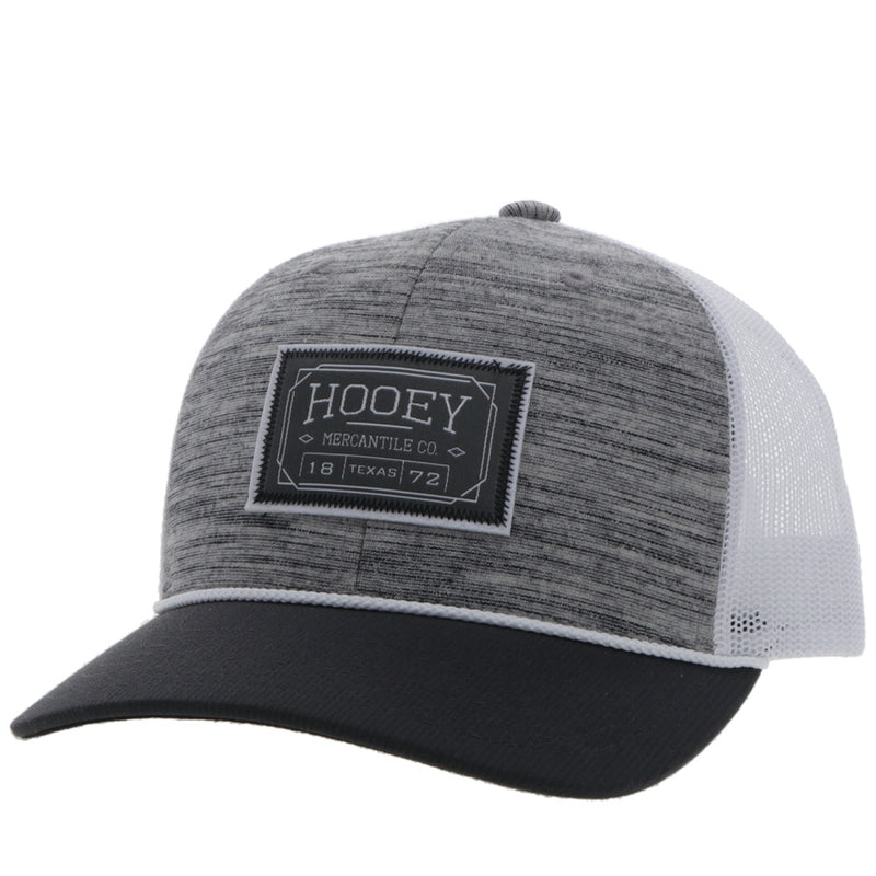 Doc grey, white, and black hat with grey and white patch and white rope detail
