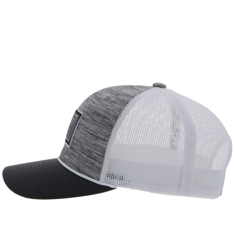 left side of the Doc grey, white, and black hat with grey and white patch and white rope detail