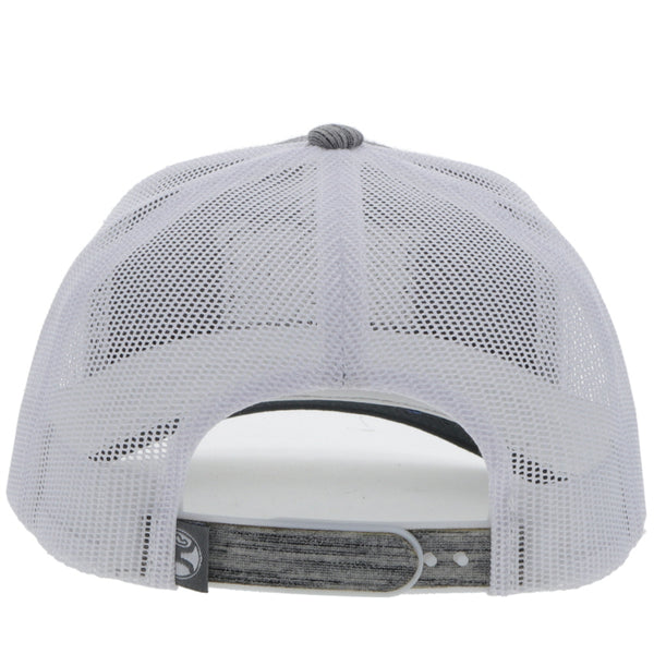 back of the Doc grey, white, and black hat with grey and white patch and white rope detail
