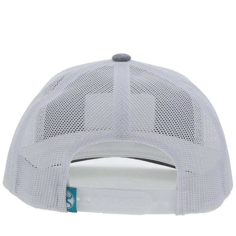 back of the Doc grey and white hat with green and white patch