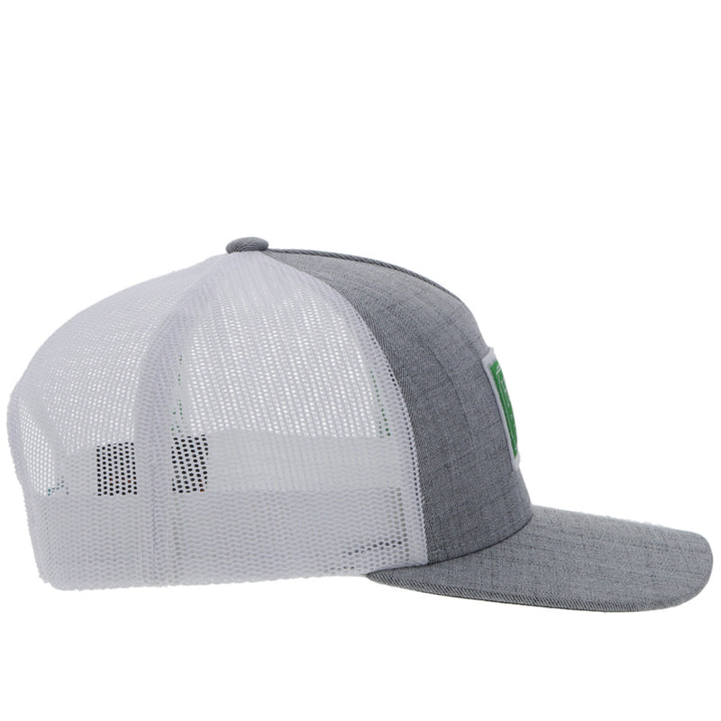 right side of the Doc grey and white hat with green and white patch