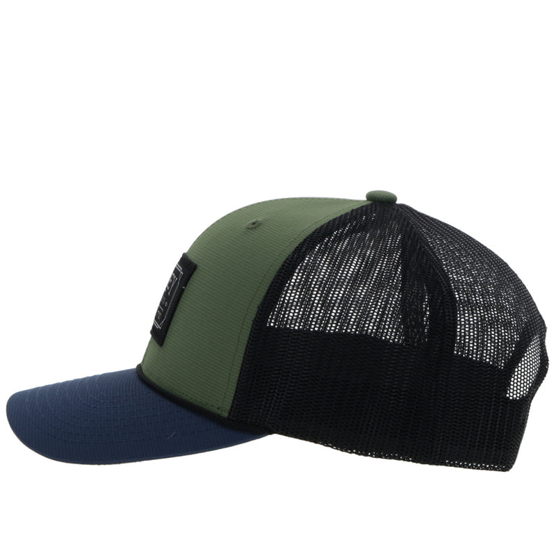 left side of the Doc olive, black, and navy hat with black patch