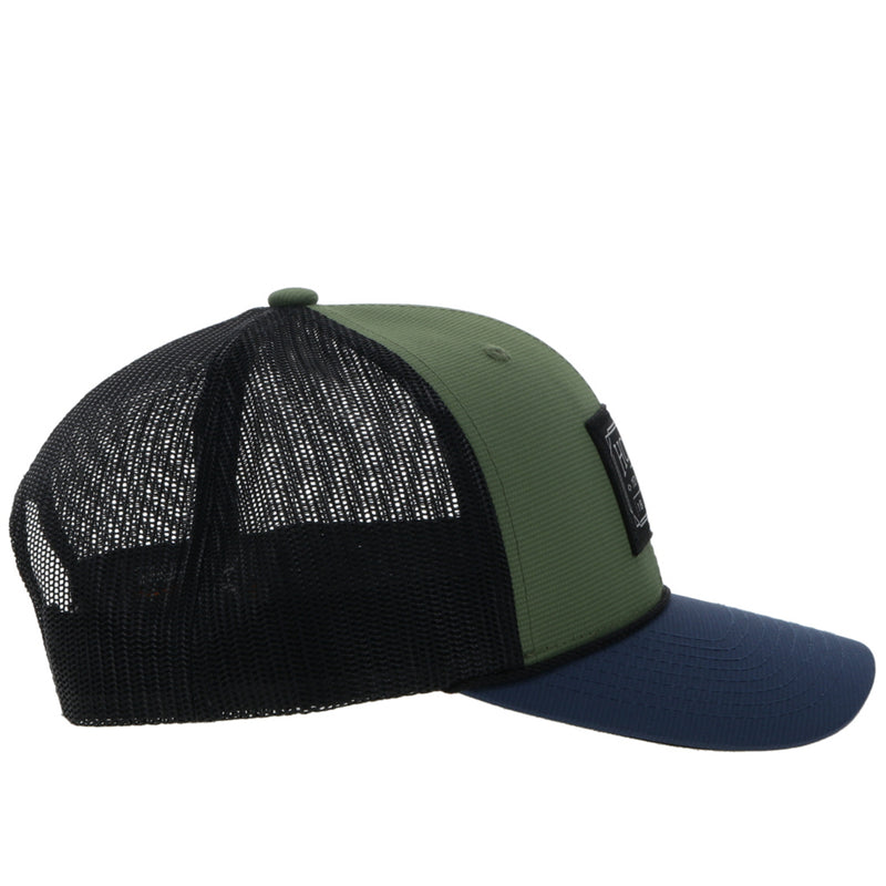 right side of the Doc olive, black, and navy hat with black patch