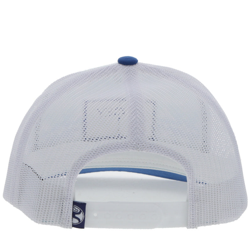back of the Doc blue and white hat with teal, blue, and white Aztec patter on the front