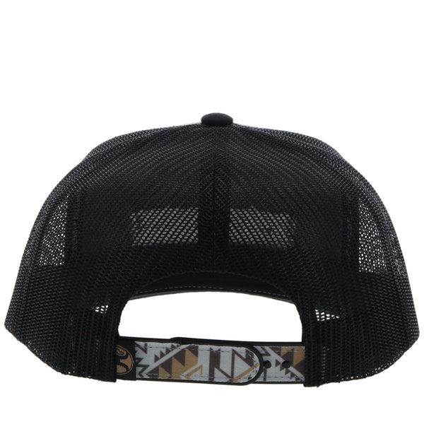 back of the Youth Lock-up grey and black hat with tan and brown Aztec pattern and gold/black patch
