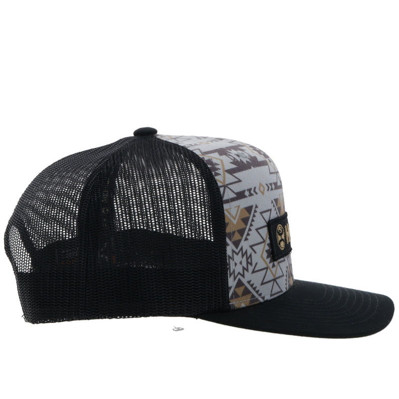 right side of the Youth Lock-up grey and black hat with tan and brown Aztec pattern and gold/black patch