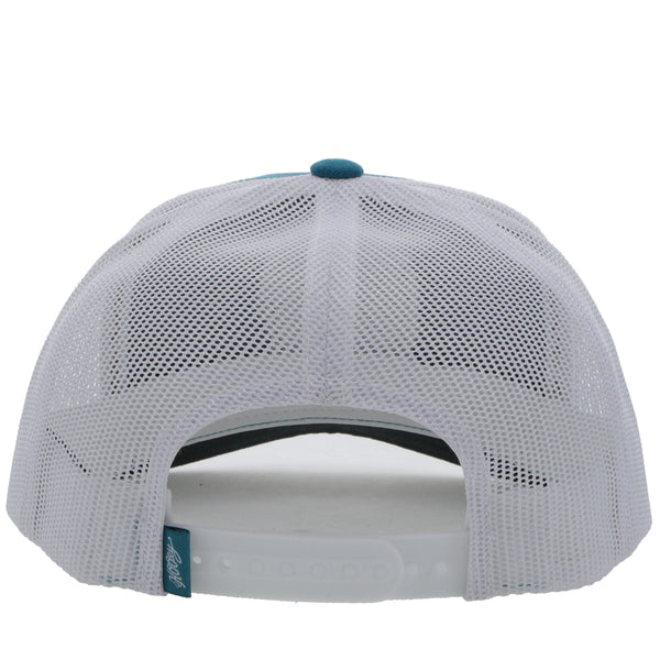 back of the Zenith teal and white hat with gold, grey, and white patch