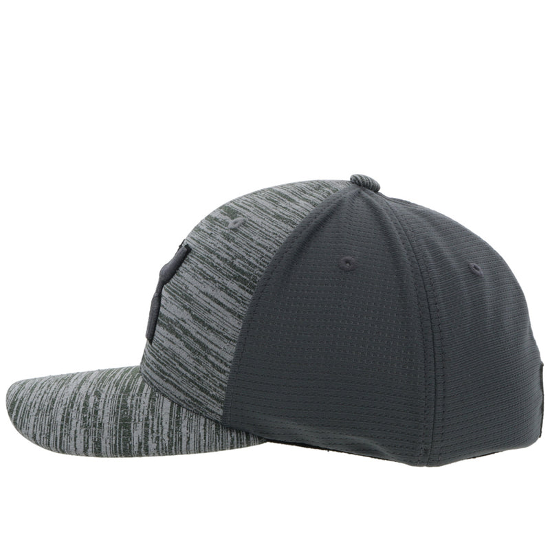left side of the Hooey "Ash" heather gray hat with dark grey hooey logo