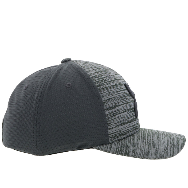 right side of the Hooey "Ash" heather gray hat with dark grey hooey logo