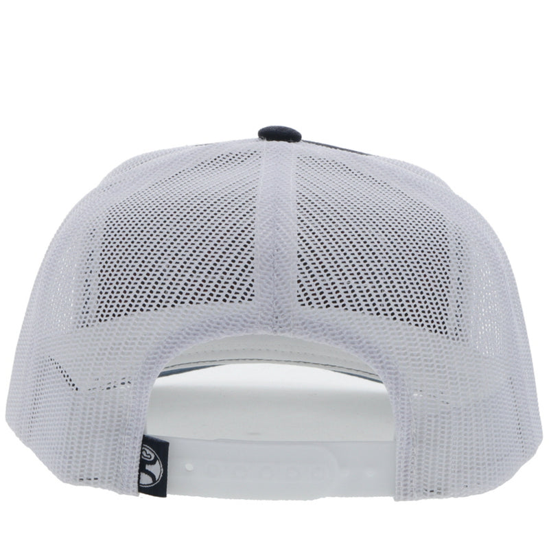 back of the Youth Horizon navy and white hat with blue, red, and grey patch