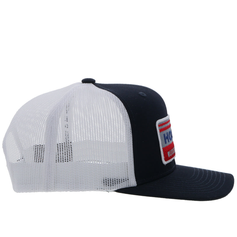 right side of the Youth Horizon navy and white hat with blue, red, and grey patch