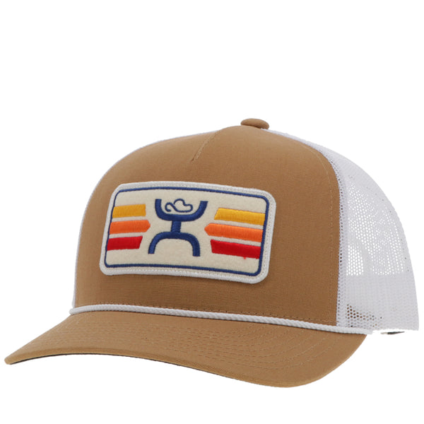 Youth Sunset tan and white hat with multi colored patch