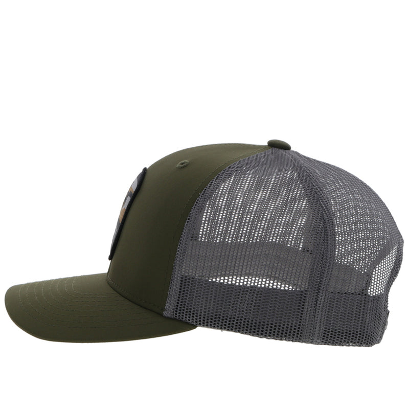 left side of the Olive and grey Cheyenne snapback hat