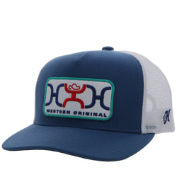 Youth LOOP blue and white hat with teal, blue, and red logo patch
