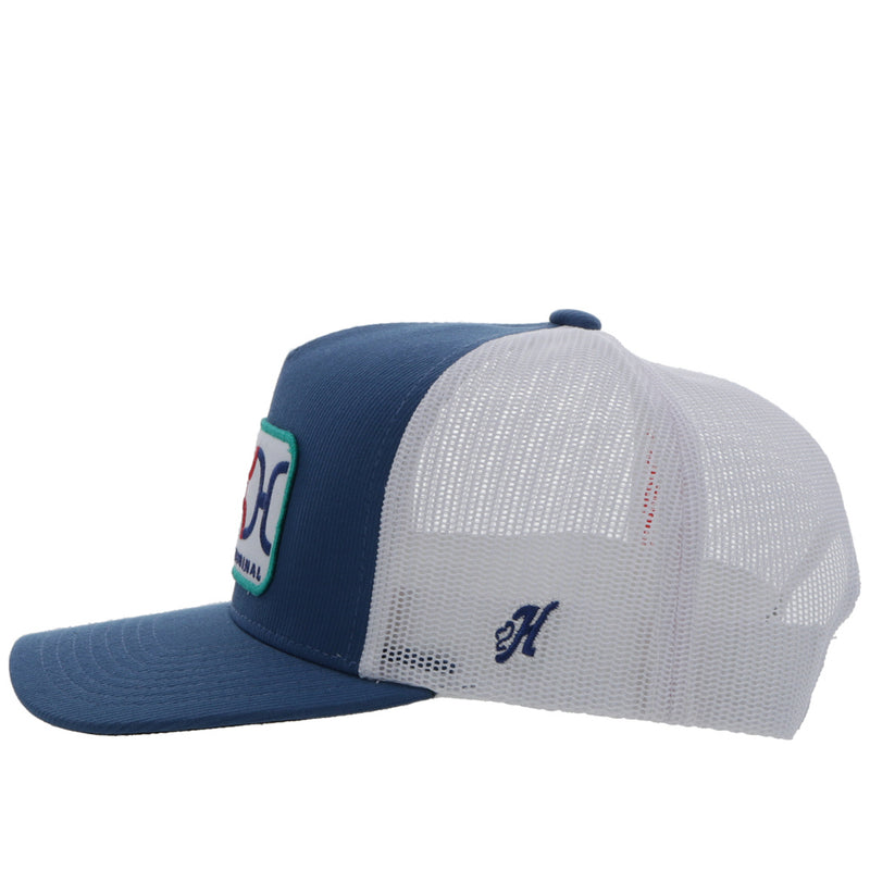 left side of the Youth LOOP blue and white hat with teal, blue, and red logo patch