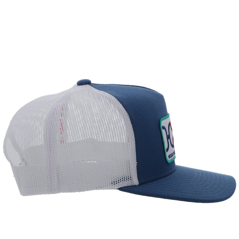 right side of the Youth LOOP blue and white hat with teal, blue, and red logo patch