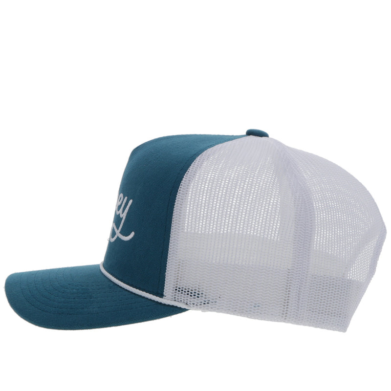 left side of the Youth OG Hooey hat in teal and white with white embroidery 