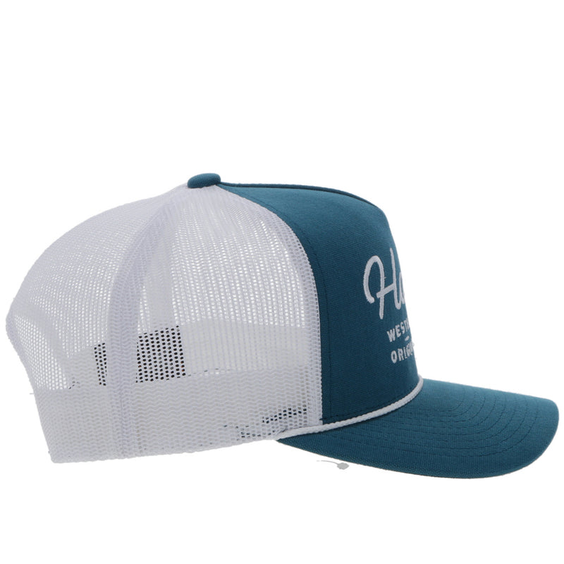 right side of the Youth OG Hooey hat in teal and white with white embroidery 