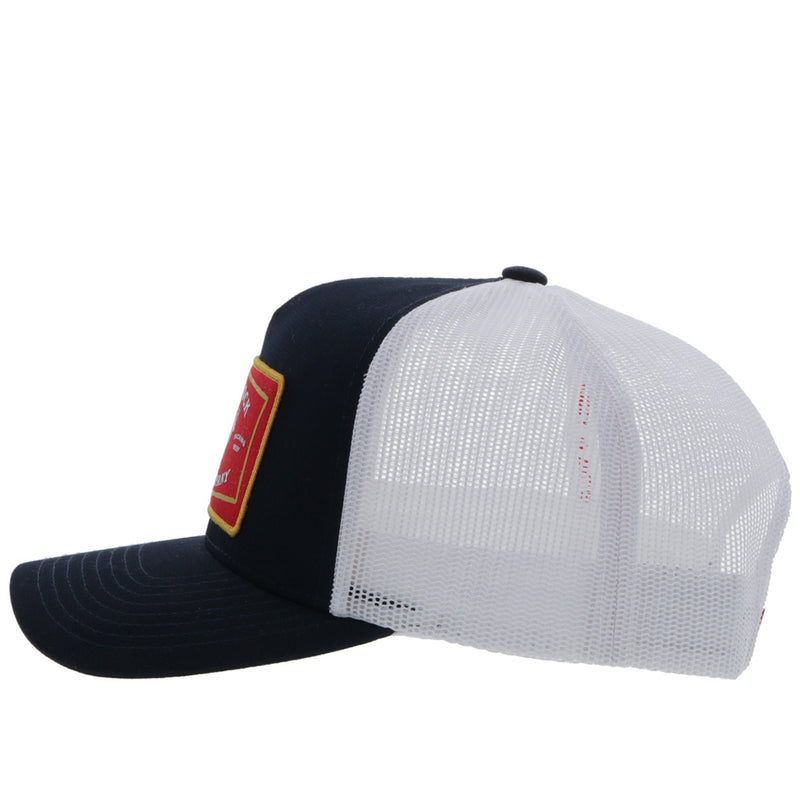 left side of the Youth Rank Stock hat in black and white with red and yellow patch