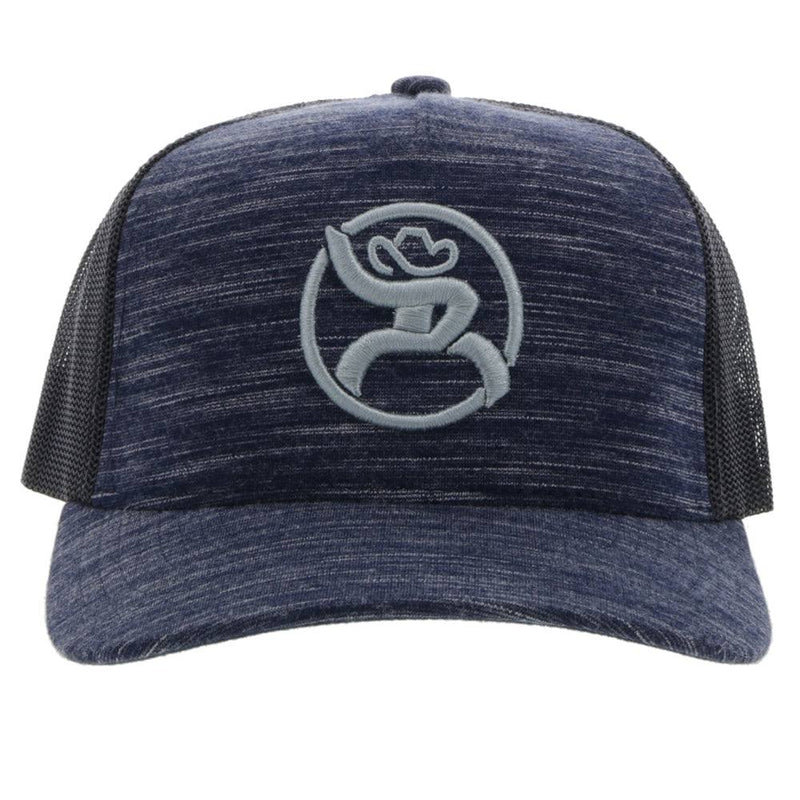 front view of the Roughy 2.0 black and heather navy hat with grey circle  logo