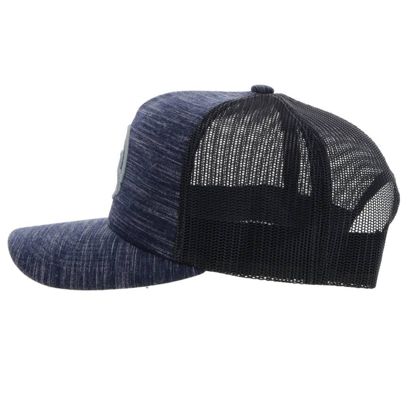 left side view of the Roughy 2.0 black and heather navy hat