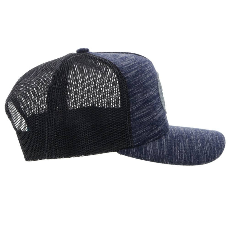 right side view of the Roughy 2.0 black and heather navy hat with grey circle logo