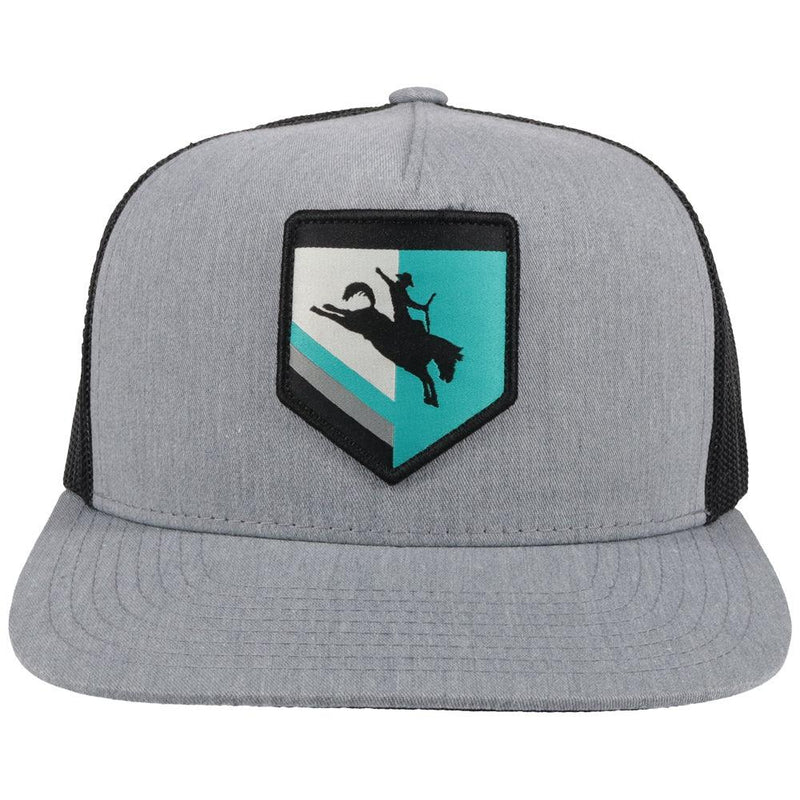 front view of the Tibbs grey and black youth hat with teal, black, white patch