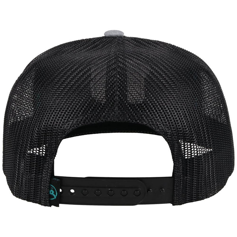 back view of the Tibbs grey and black youth hat with teal, white, black patch 