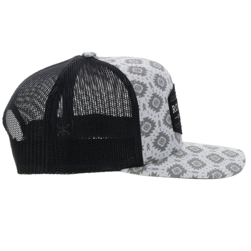 right side of theYouth Tribe hat in white and black with Aztec print and black patch