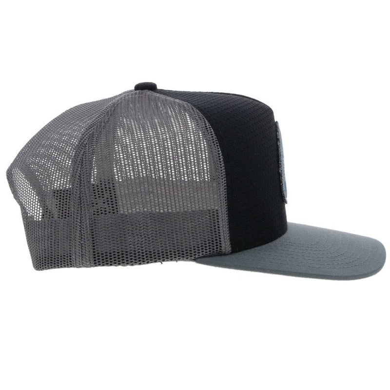 right side of the Youth Summit hat in black and grey with blue and white patch