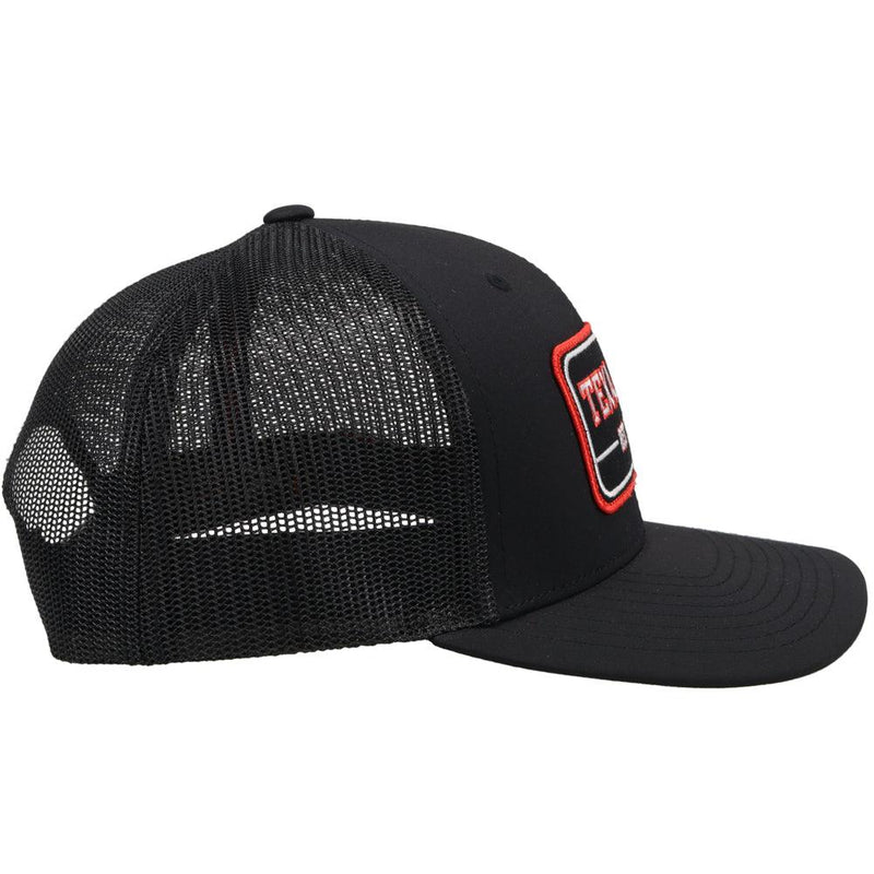 right side view of the black Texas Tech hat with vintage red raiders logo youth