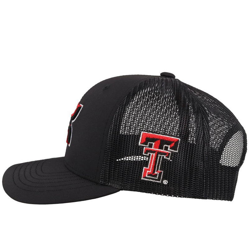 side view of the Youth black Texas Tech hat with red and black logos