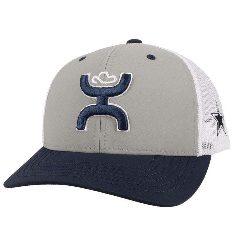 dallas cowboys ball cap, grey front, navy bill, white mesh, hooey logo (front view)