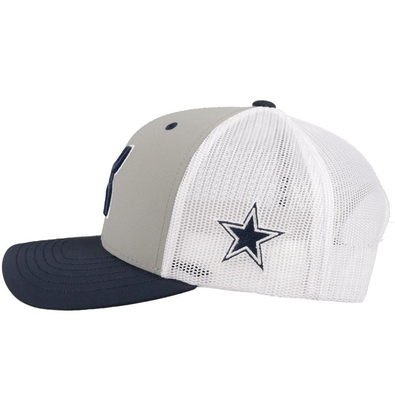 dallas cowboys ball cap, grey front, navy bill, white mesh, star logo (side view)