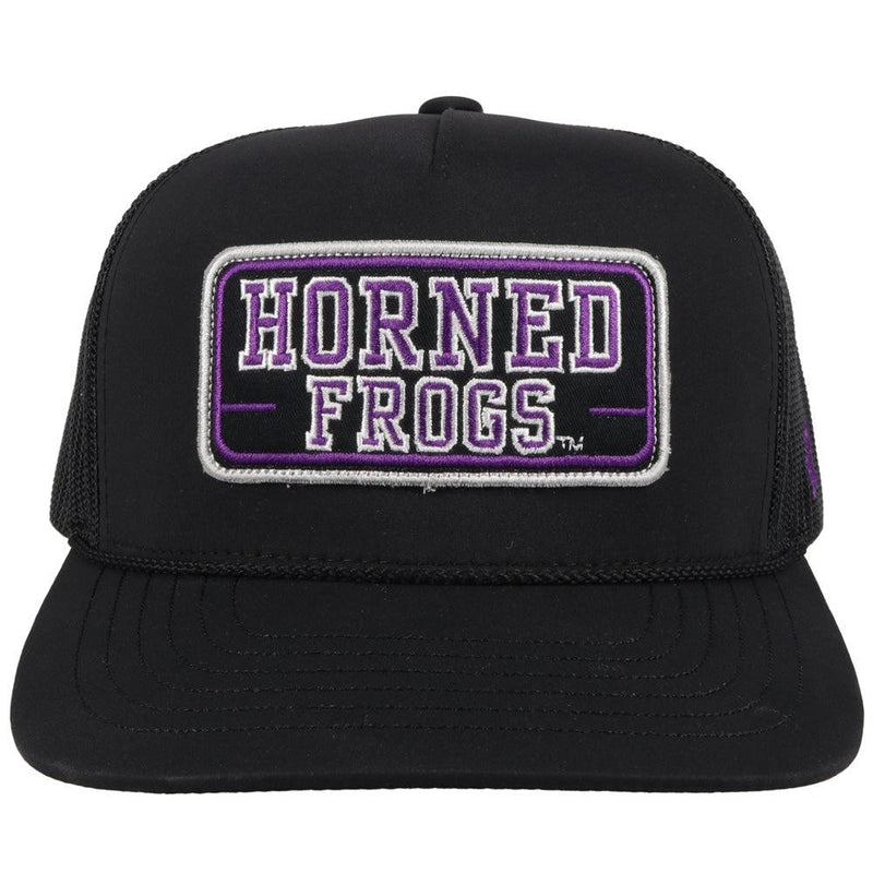 front view - black tcu trucker hat with horned frogs patch. black mesh back and adjustable strap by hooey