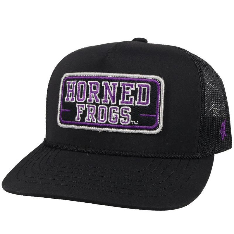 black tcu trucker hat with horned frogs patch. black mesh back and adjustable strap by hooey
