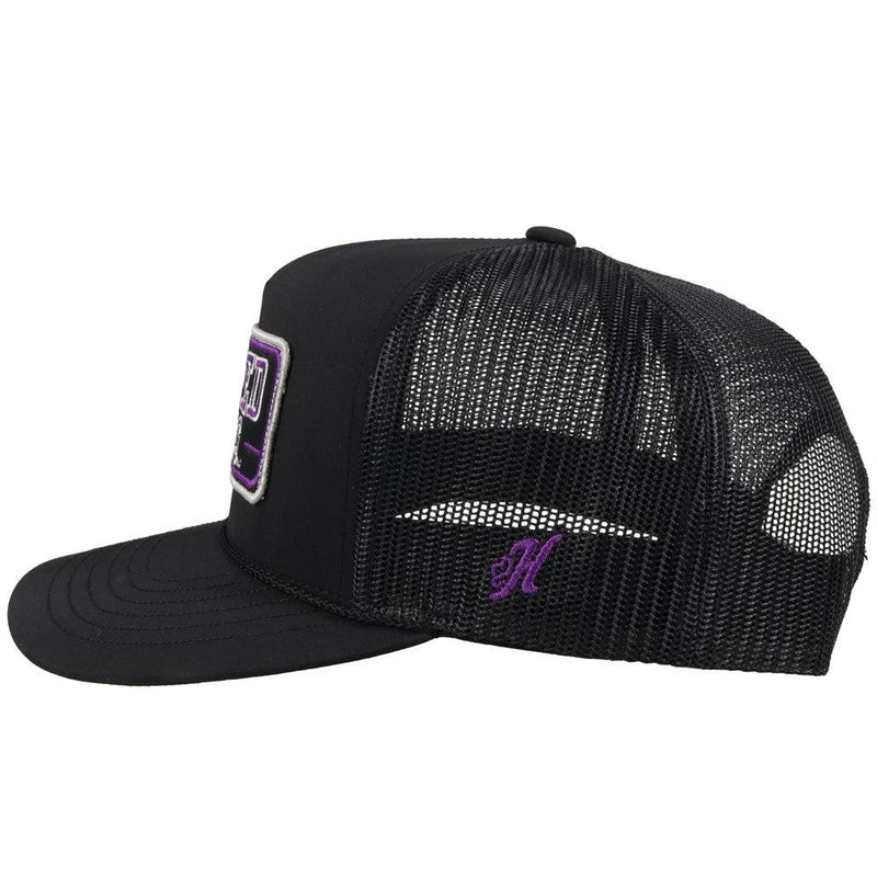 side view - black tcu trucker hat with horned frogs patch. black mesh back and adjustable strap by hooey