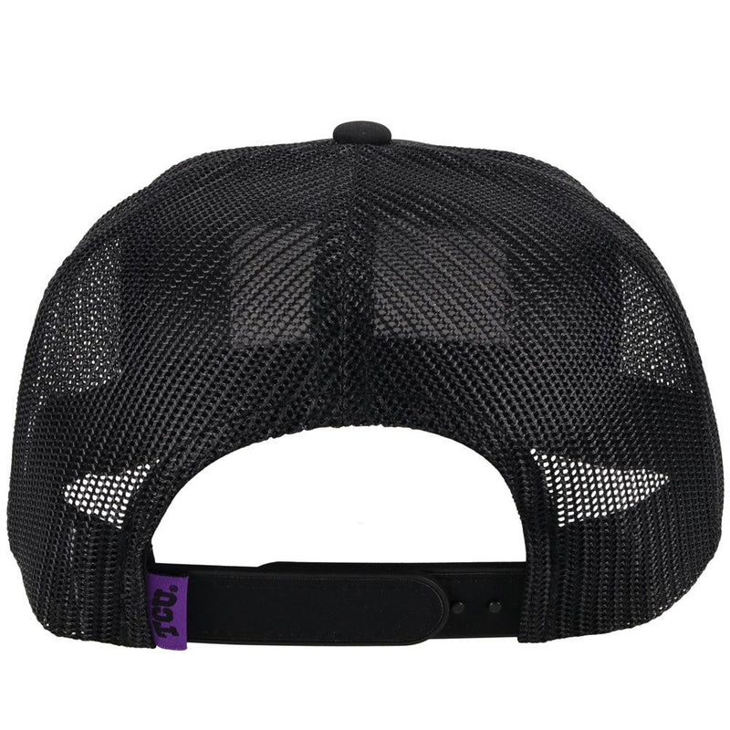 back view - black tcu trucker hat with horned frogs patch. black mesh back and adjustable strap by hooey