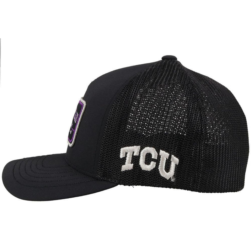 (side) black tcu hat with purple logo sen on front flexfit curved bill hooey baseball cap
